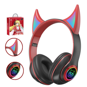 Auriculares inalámbricos con Bluetooth para niños, audífonos bonitos con micrófono incorporado, casco de música estéreo diablo negro, novedad de 2022