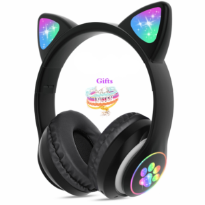 Cute Cat Auriculares inalámbricos Bluetooth, audífonos Gamer con micrófono y cable de audio y LED RGB brillante, audífonos de música estéreo para niñas, color negro y rosa