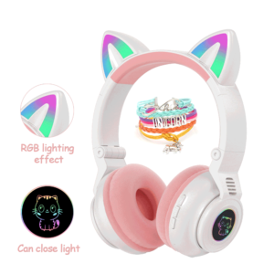 Qearfun auriculares inalámbricos, cascos inalámbricos Bluetooth con micrófono para niños y niñas, Audifonos con luz LED rosa para jugar a videojuegos, música, regalo para niños, auriculares, regalo de rey, kings gift